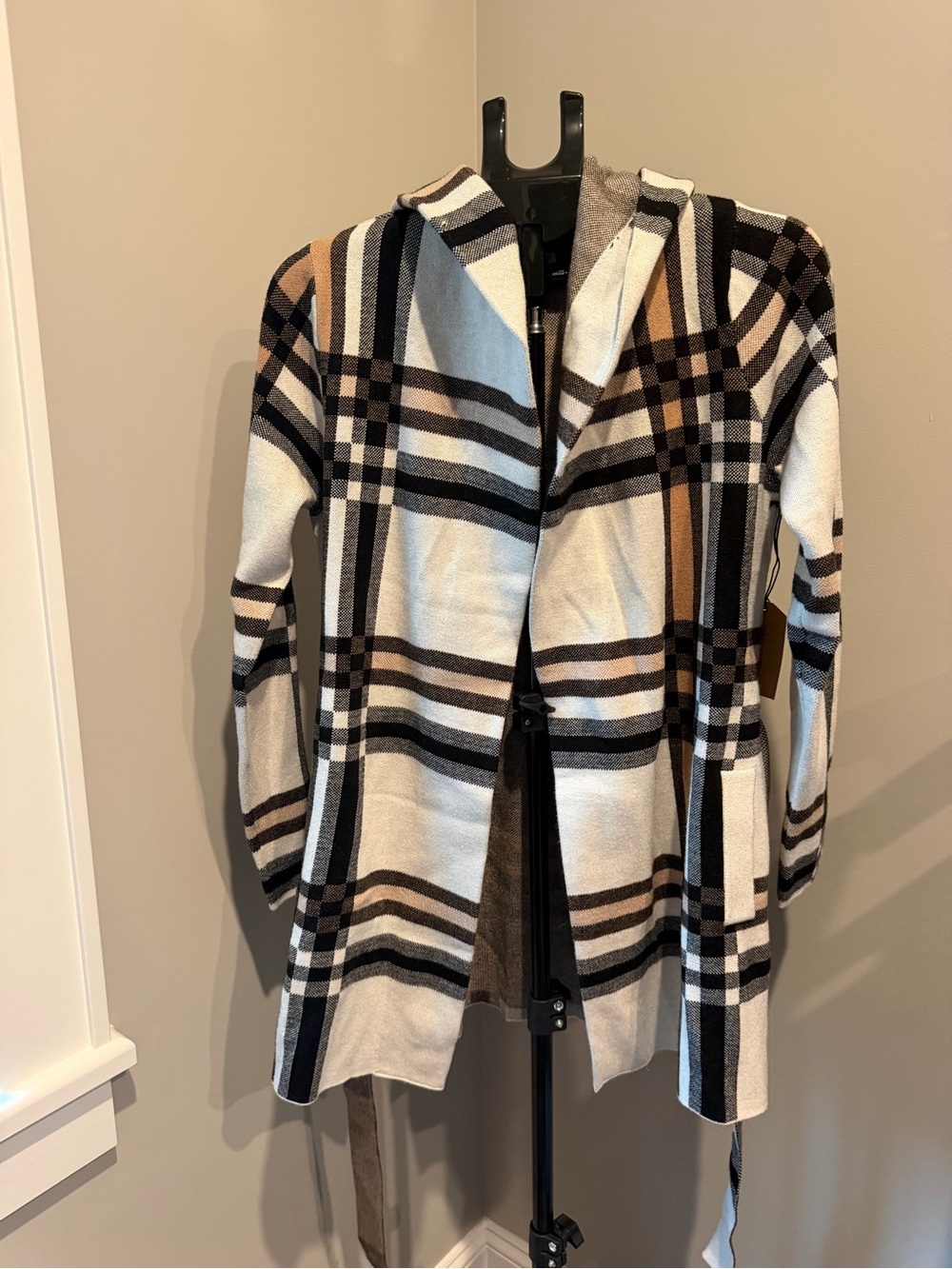 Christian Siriano Plaid Hooded Trench Coat in Cream, Black & Brown